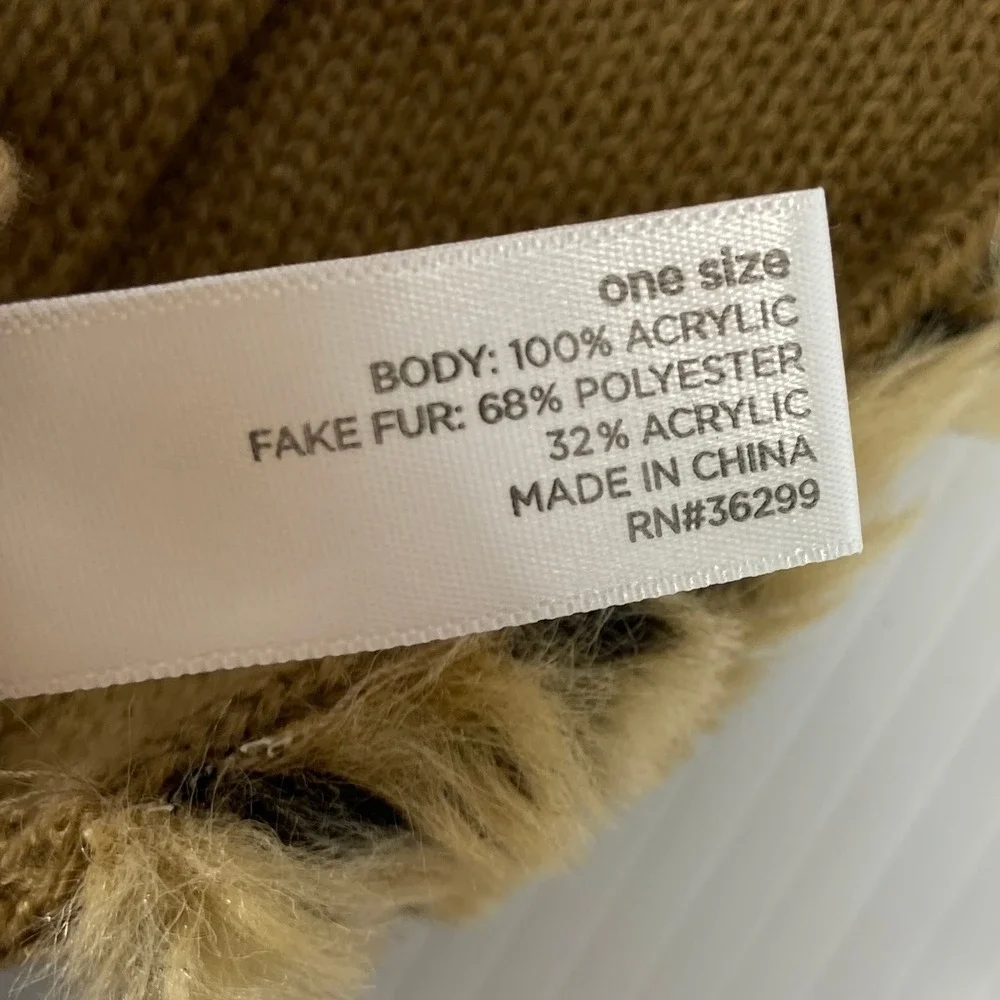 VTG Leopard Print Faux Fur Tan Knit Mittens Gloves Womens‎ One Size